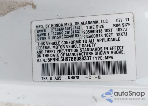 2011 Honda Odyssey Touring/Touring Elite из США, поврежденный, VIN 5FNRL5H97BB088337